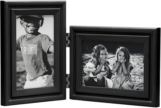 Vertical & Horizontal 4X6 Picture Frames Double Hinged Wood Folding Photo Frames with Real Glass Front Fit for Desktop or Tabletop, Black XHEI-V46-H64