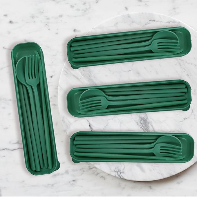 4 Sets Reusable Utensils Set with Case,Camping Cutlery Set Travel Silverware Set with Case Lunch Utensils Set for Work,Utensil Sets for Lunch Picnic Daily Use Outdoor (Darkgreen)