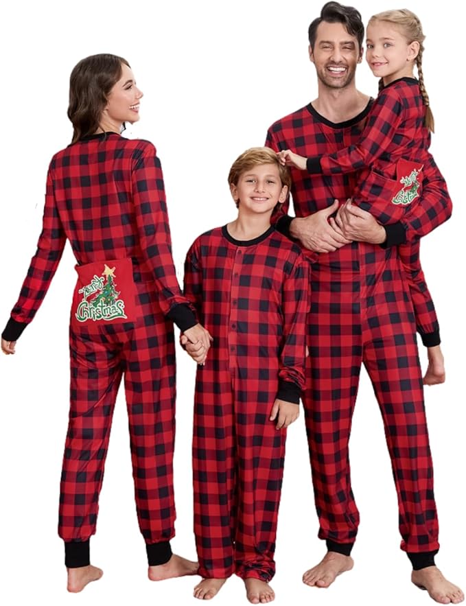 Matching Family Christmas Onesie Pajamas, Buffalo Plaid One-Piece Sleepwear Holiday Loungewear w Zipper