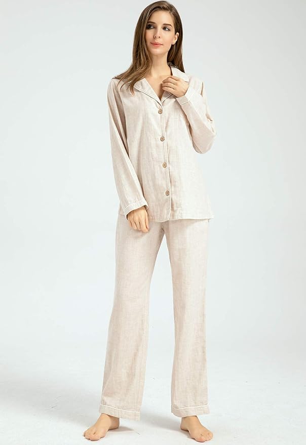Womens Pajama Sets 100% Double Gauze Cotton Linen Like Muslin Pajamas Long Sleeve Button Down Sleepwear Soft Pjs Lounge Set