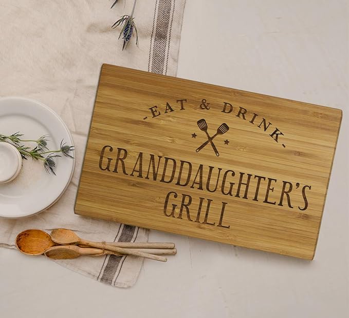 Andaz Press Large Bamboo Wood BBQ Cutting Board Gift, 17.75 x 11-inch, Granddaughter's Grill, 1-Pack, Laser Engraved Serving Chopping Board Christmas Birthday Chef Kitchen Ideas
