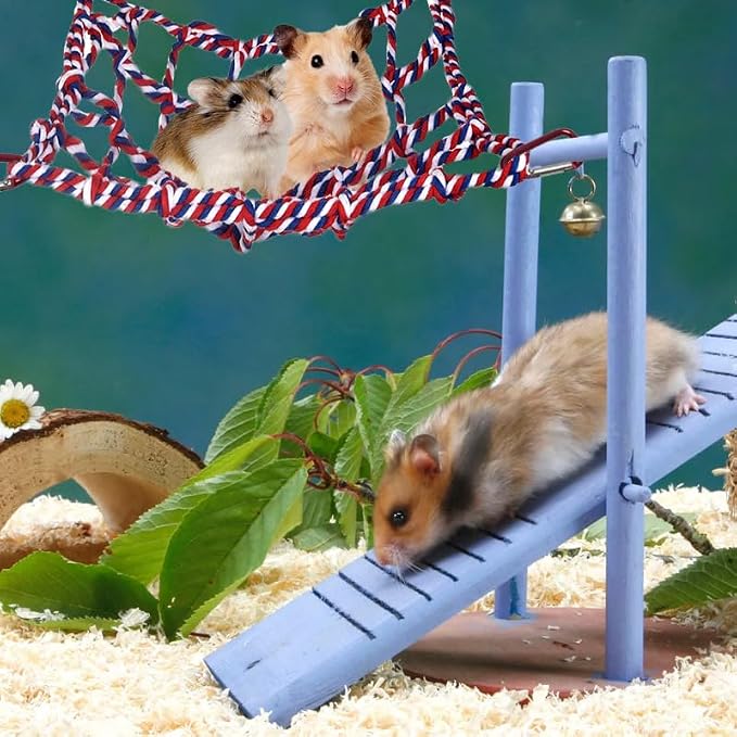 2 Pcs Cotton Rope Hammock & Bridge with 4 Hooks for Cage Accessories - Rat, Bird & Hamster (12.6 x 9.84 inch, Red)