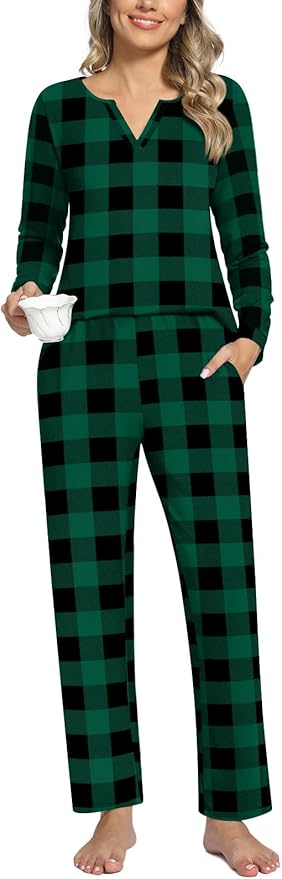 Anyally Women's Plus Size Pajama Sets Ladies Fall Pjs 2 Pieces Lounge Outfits V Neck Long Sleeves Sleepwear with Pockets