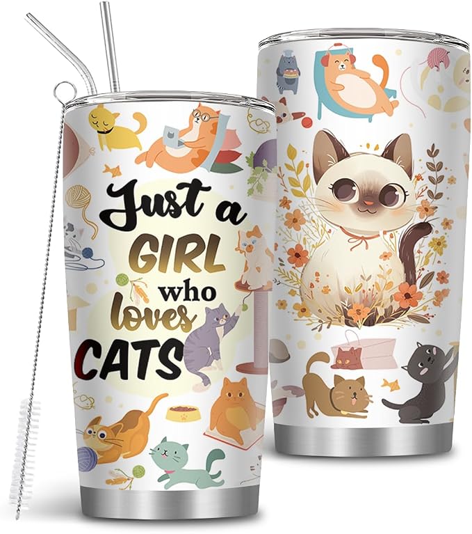 Cat Gifts for Women, Just a Girl Who Loves Cats Tumbler with Straw 20 Oz, Animal Lovers Gifts for Thanksgiving Christmas, Cat Themed Gift for Cats Mom Lover, Kitty Insulated Travel Cup, 1 PCS