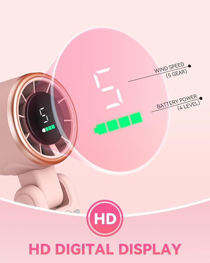 Portable Handheld Turbo Fan, 5-Speed Personal Fans, 5000mAh Rechargeable Fans Up to 12 Hours, Weight only 0.6lb Small Fan, Hand/Neck/Desk Fan 3 IN 1, Beach Vacation Essentials(Pink)
