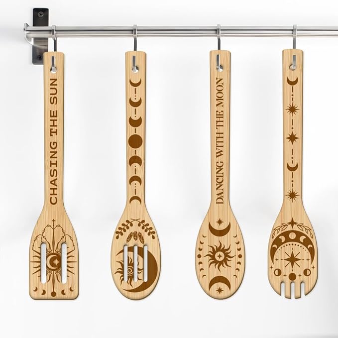 GLOBLELAND 6Pcs Sun and Moon Bamboo Cooking Utensils Wooden Engraved Cooking Spoons Set Moon Phases Kitchen Bamboo Spatula for Women and Men Wood Cooking Spoon for Kitchen House Warming Gift