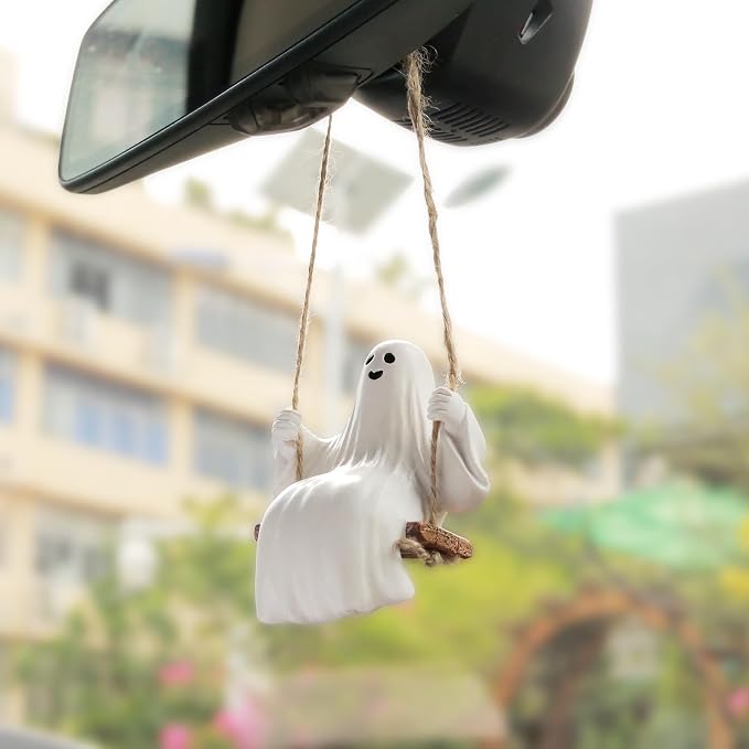 YGMONER Cute Swinging Ghost Car Mirror Hanging Ornament Halloween Car Interior Accessories (Ghost)