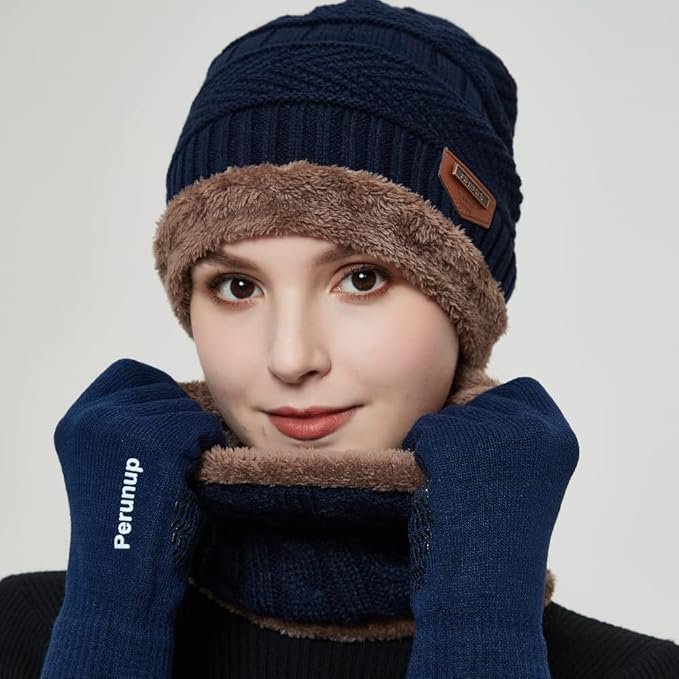 MAYLISACC Winter Knit Beanie Hat Neck Warmer Scarf and Touch Screen Gloves Set 3 Pcs Fleece Lined Skull Cap for Men Women