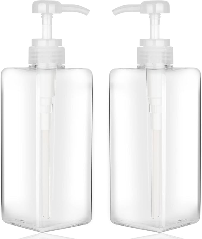 Pump Bottle Dispenser 22oz/650ml Jansburg 2Pack Refillable Square Plastic Lotion Dispenser Empty Lotion Pump Bottle for Essential Oil Lotion, Shampoo, Bathroom Travel Clear