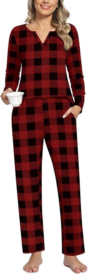 Anyally Women's Plus Size Pajama Sets Ladies Fall Pjs 2 Pieces Lounge Outfits V Neck Long Sleeves Sleepwear with Pockets