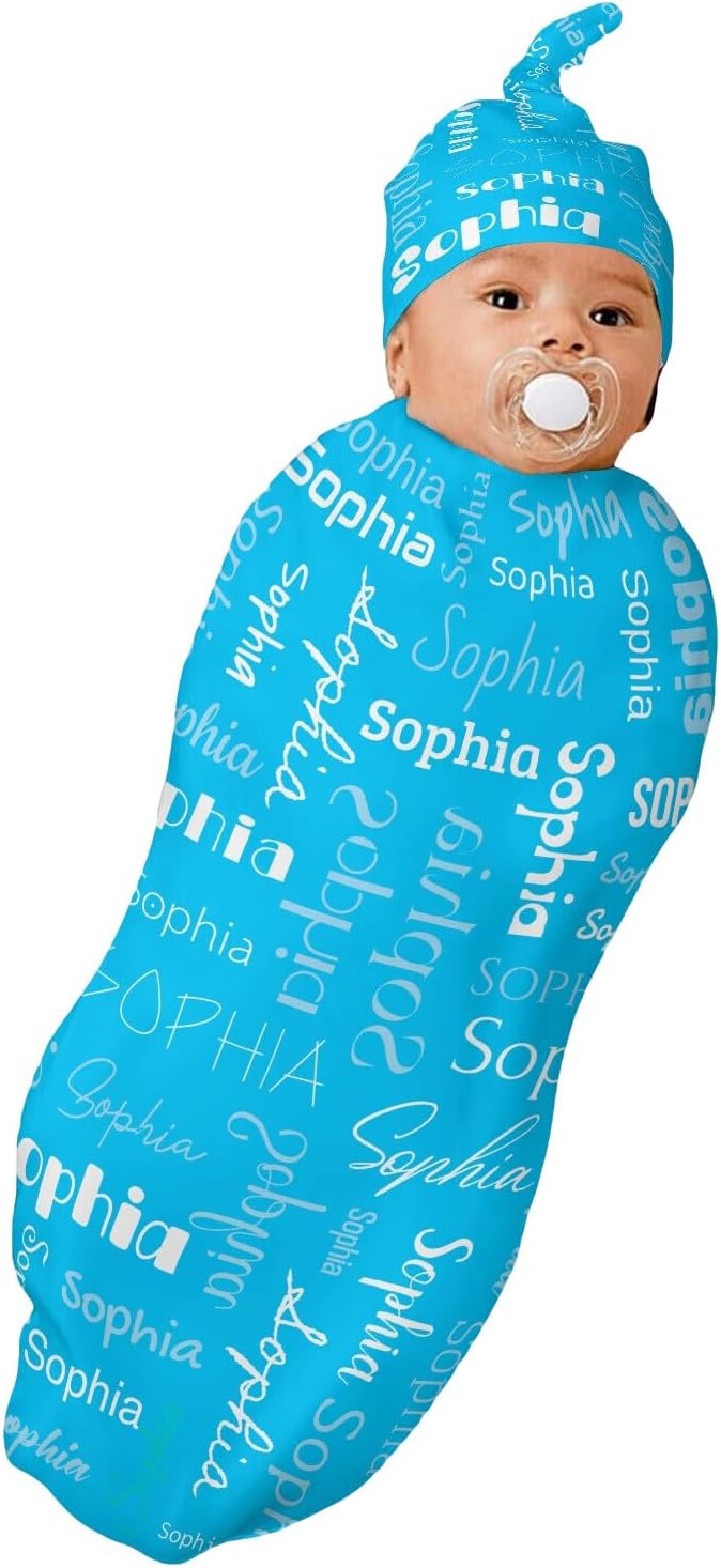 Swaddle Blanket with Hat Set Newborn Name Lettering Blue Receiving Blankets Baby Swaddle Wrap Soft Sleep Sack for Baby Boys and Girls