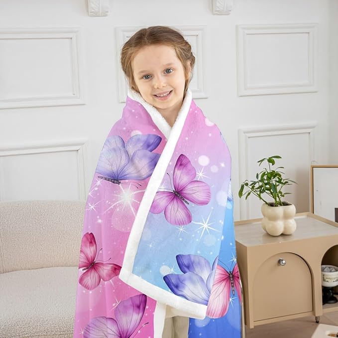 Feelyou Girls Butterfly Fleece Throw Blanket Queen 90"x90" Kids Pink Blue Glitter Print Sherpa Blanket Plush Fuzzy for Bed Couch Chair Living Room, Dreamy Girly Bed Blanket Princess Style Room Decor