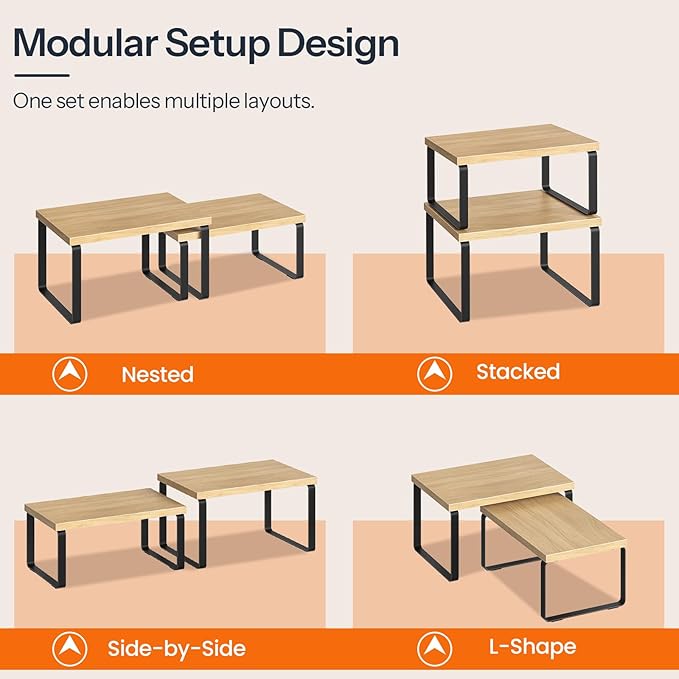 HOOBRO Spice Rack Set of 2, Kitchen Counter Organizer, Kitchen Storage, Cabinet Organizer Shelf, Nest, Stackable, Side-by-Side & L-Shape for Cabinet, Kitchen,Bathroom, Natural and Black BN33TL01