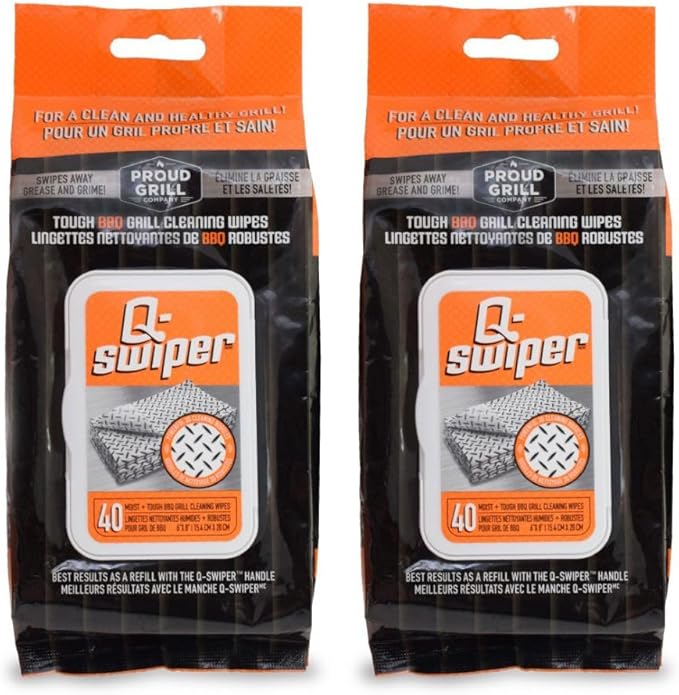 Proud Grill Q-Swiper Grill Cleaning Wipes - Bristle & Wire Free BBQ Cleaner, Heavy Duty Degreaser Wipes, Grease & Grime Remover for Outdoor Barbecue Grills, Disposable, 80 Count (2x40), Pack of 2