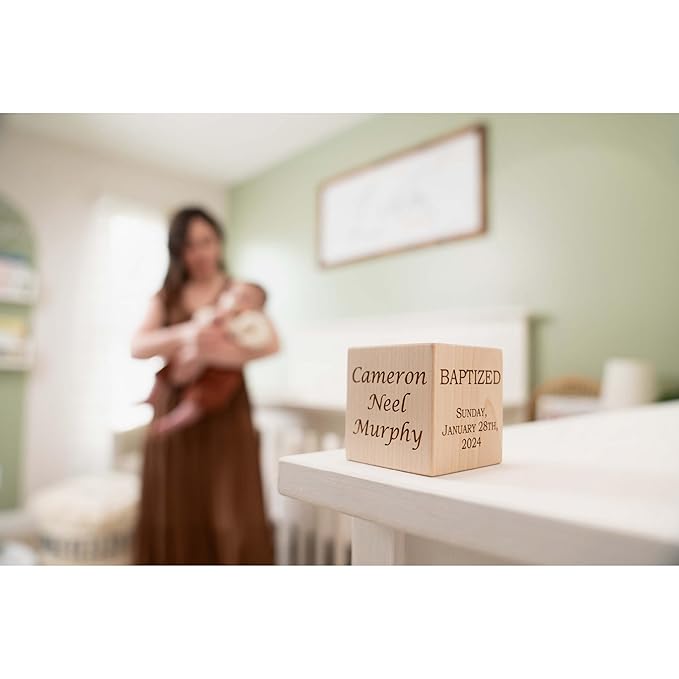 Palmetto Wood Shop Baptism/Dedication/Christening Baby Block - Laser Engraved Baptism Gifts for Babies, Parents, and Family Members, Handcrafted in the USA, Solid Wood Construction - 3 Sizes, 3 Colors