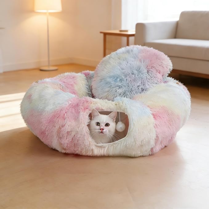 Cat Tunnel with Cat Bed for Indoor Cats, Under Christmas Tree Soft Plush Peekaboo Cat Cave Donut Tunnel, Multifunctional Playground Toys Hideplace for Kittens, Rabbit, Ferret