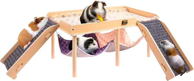 BESNEW Enlarged Guinea Pig Hammock with Platform and Stairs,Wooden Foldable Piggies Hideout for Guinea Pigs Bunny Ferret Hamster Hiding Sleeping Activities 24L x 12W x 11H in（Double）