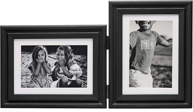 Horizontal & Vertical 5X7 Picture Frames Double Hinged Wood Folding Photo Frames with Real Glass Front Fit for Desktop or Tabletop Display Pictures 4x6 with Mat or 5x7 Without Mat, Black