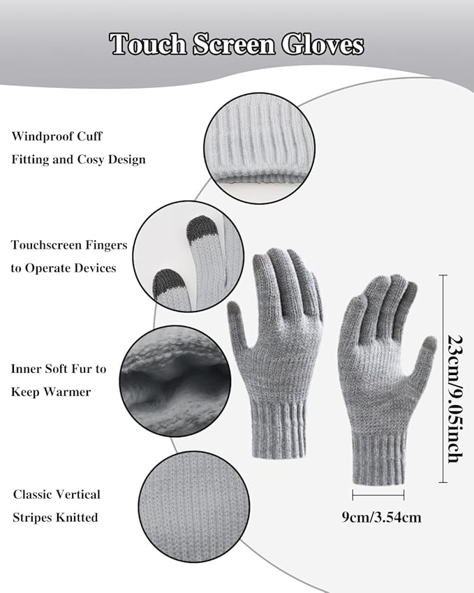 Winter Beanie Hat Scarf Gloves Set for Women, Fleece Knit Pompom Beanie Neck Warmer Long Scarf Touchscreen Gloves 3 in 1 Set