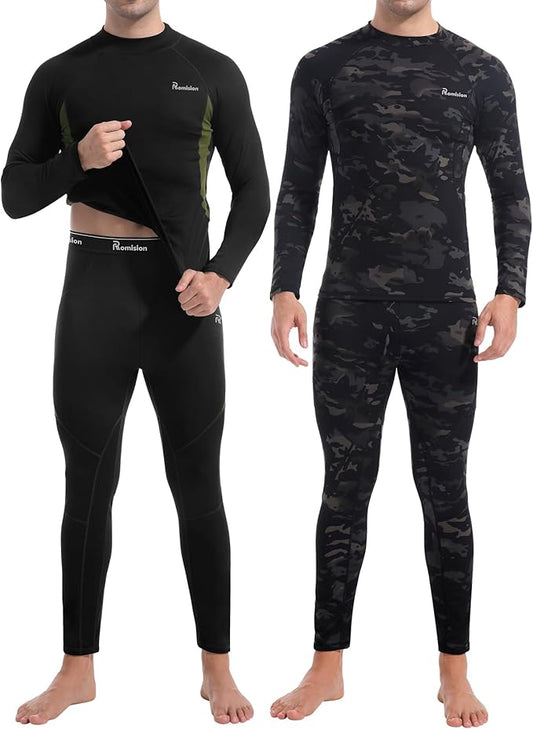 romision 2 Pack Thermal Underwear for Men Long Johns Fleece Lined Hunting Gear Bottom Top Set Base Layer Cold Weather XS-4XL