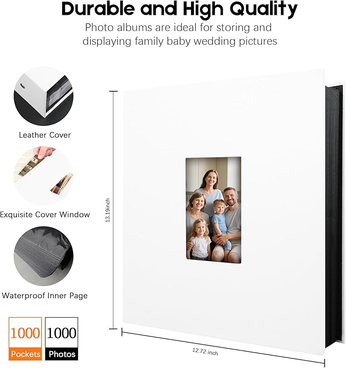 1000 Pocket Photo Album 4x6 Leather Cover, Extra Large Capacity Holds 1000 Horizontal and Vertical Photos, Acid Free Non Stick Pages with Front Window, Perfect for Wedding Family Baby Memories (White)