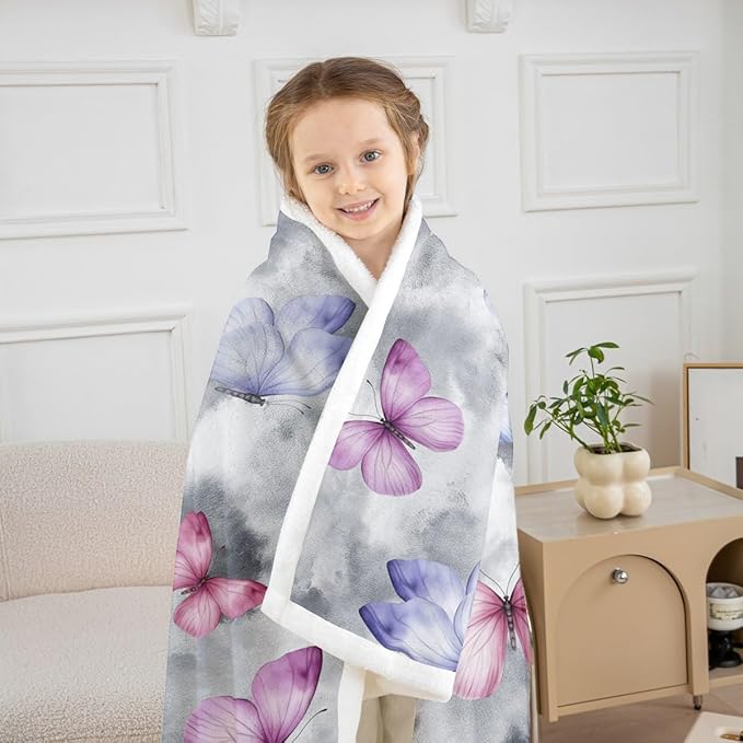 Feelyou Girls Butterfly Fleece Throw Blanket Queen 90"x90" Kids Tie Dye Watercolor Sherpa Blanket Plush Fuzzy for Bed Couch Chair Living Room, Dreamy Girly Bed Blanket Gray Room Decor