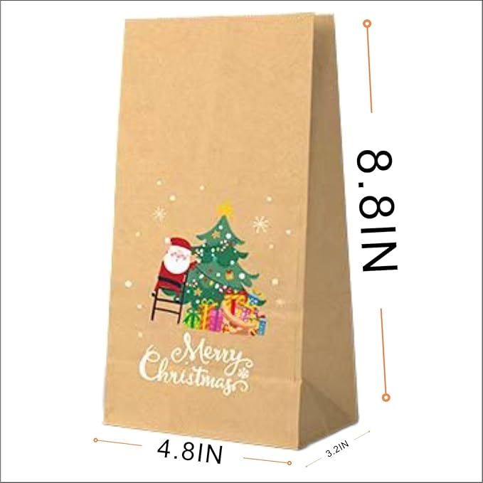 UrLLssMo 24pcs Hand-Illustrated Christmas Gift Bags - Bulk Set of Holiday Party Favor Bags, Eco-Friendly Brown Paper Gift Bags for Decor & Packaging (8.8"x4.8"x3.2")