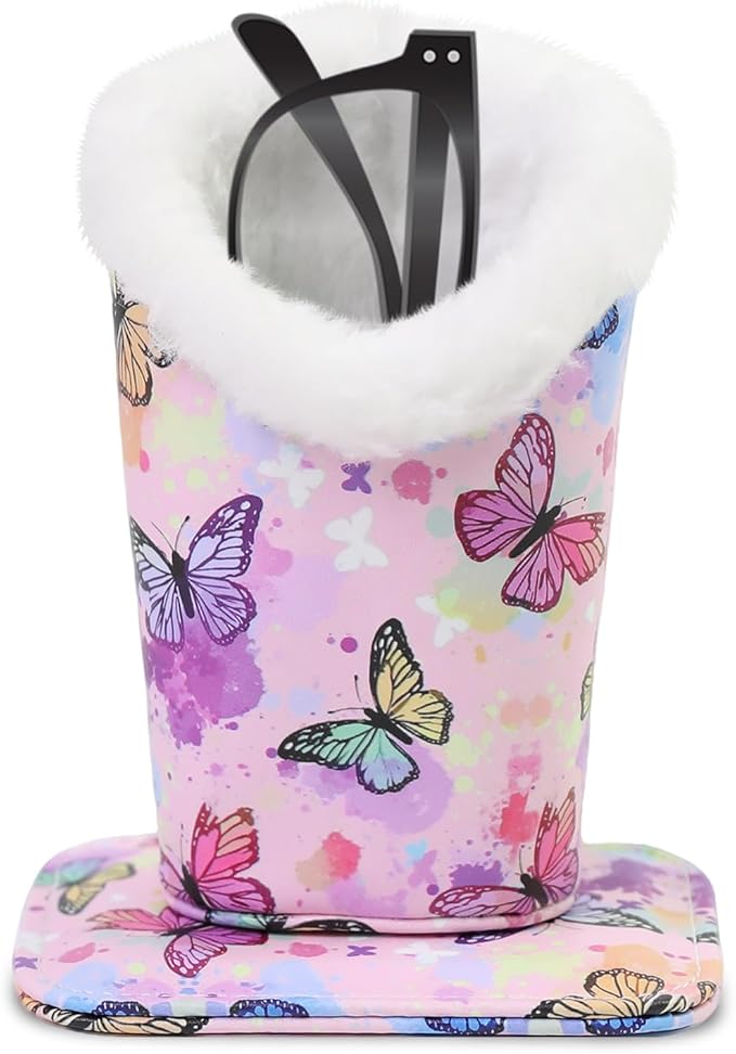 Plush Lined Eyeglasses Holder, Cute Magnetic PU Leather Glasses Stand Case for Women Men Kids