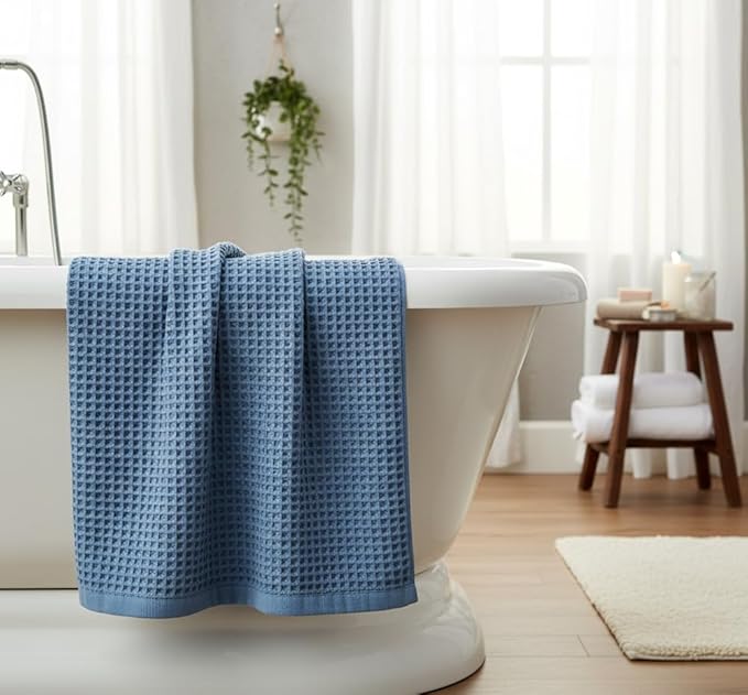 DEMMEX Organic Cotton Waffle Weave Turkish Towel Set for Bathroom, 100% OEKO-TEX Certified Super Soft Turkish Cotton, Lightweight & Quick Dry, 1 Bath & 2 Large Hand Towels, 30x60/20x30 in., Slate Blue