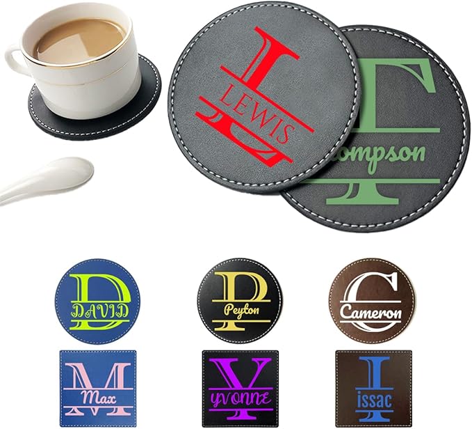 Custom Name Coasters, Personalized Monogram Split Letter PU Leather Coaster, Customize Non-Slip Heat Resistant Waterproof Reusable for Coffee Table Bar Beer Wine Cup Housewarming Home Wedding Party