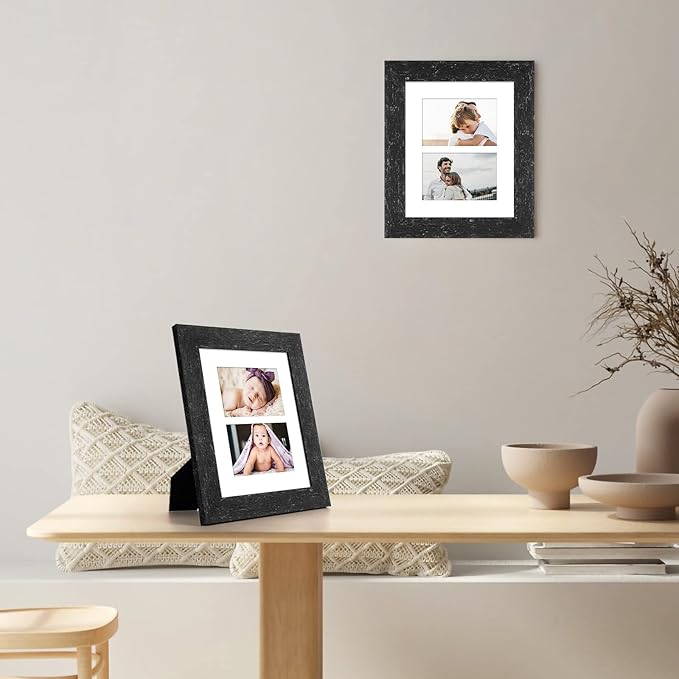 8x10 Picture Frame Display Double 4X6 Picture Frame Collage,Multi Photo Frame with Mat,Plexiglass,Wall or Tabletop Decor,Black Wood Grain