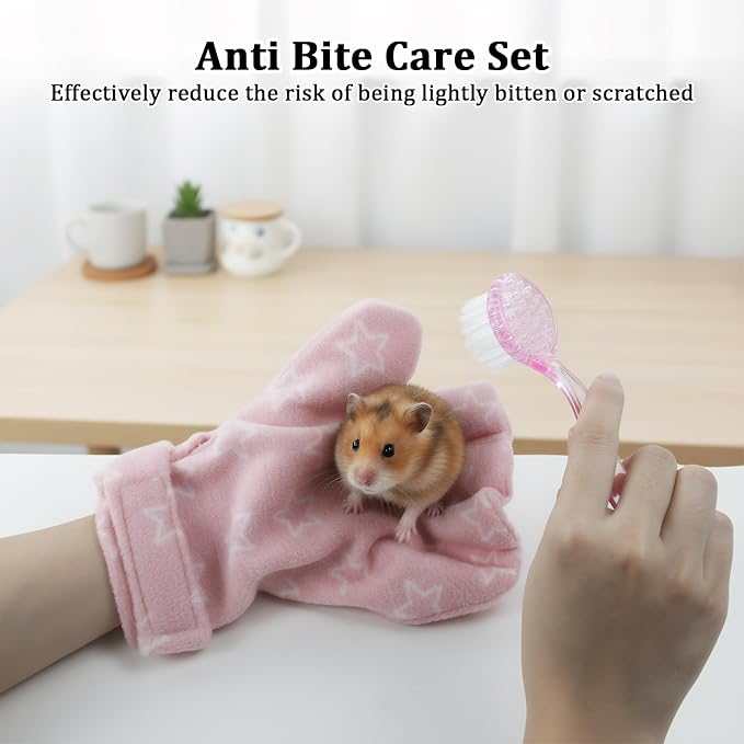 1Pcs Hamster Bite Proof Glove and Grooming Brush Set, Adjustable Hamster Glove, Lid Soft Cleansing Brush Massage Combs, Guinea Pig Brush, Hamster Care Set for Hamsters, Ferrets, Hedgehogs (Pink Stars)