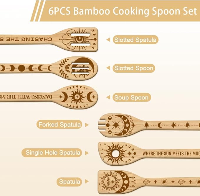 GLOBLELAND 6Pcs Sun and Moon Bamboo Cooking Utensils Wooden Engraved Cooking Spoons Set Moon Phases Kitchen Bamboo Spatula for Women and Men Wood Cooking Spoon for Kitchen House Warming Gift