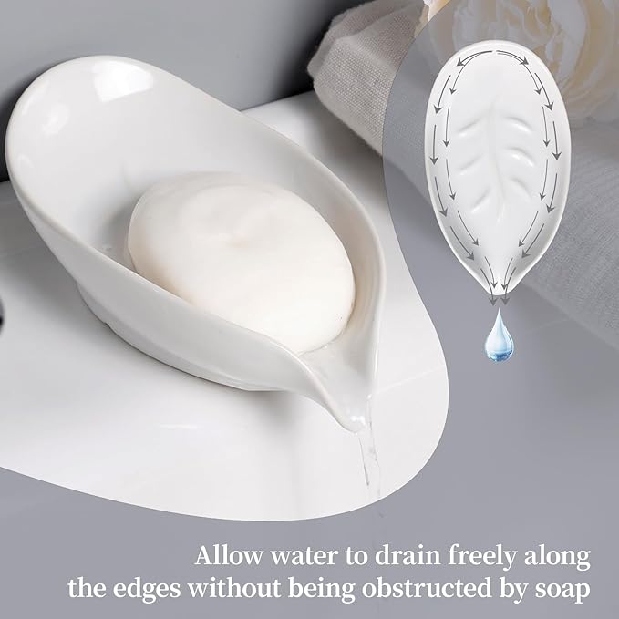 Soap Dish 2PCS, Self-Draining Bar Soap Holder, Leaf Shape Ceramic Drain Soap Dishes for Bathroom Kitchen, Easy to Clean Keeps Soap Dry, White, ANTIS'S HOME