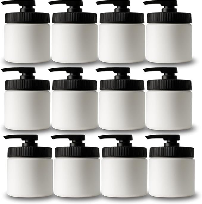 Royal Massage 16oz Refillable Pump Jar with Locking Dip Tube Dispenser – BPA-Free Plastic Container for Massage Oils, Lotions, Creams – Ribbed Lid Wide-Mouth Jar – Durable & Reusable (White/Black, 12)