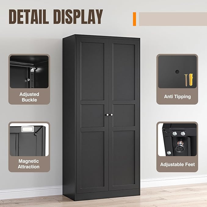 Yizosh Metal Storage Cabinet with 2 Doors and 5 Adjustable Shelves - 71" Black Kitchen Pantry Storage Cabinet, 5-Tier Tall Steel Cabinet Locker for Kitchen, Living Room, Dining Room