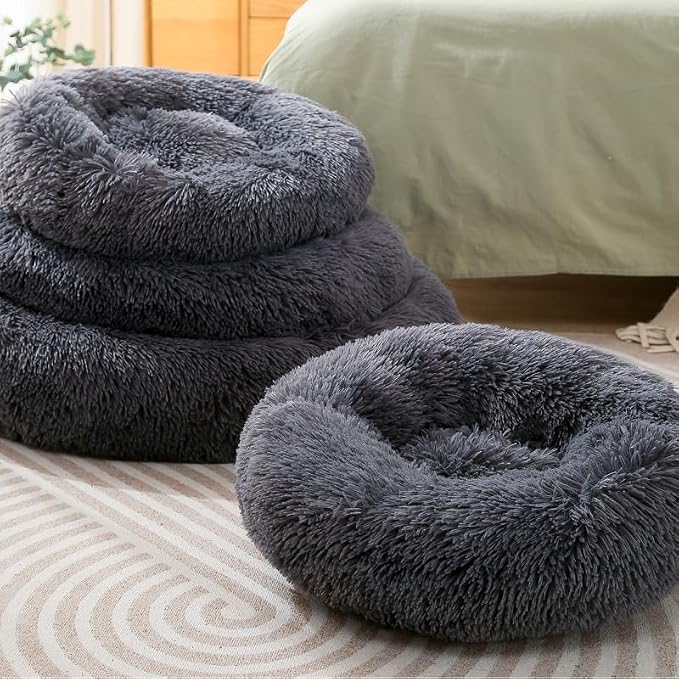 Donut Small Dog Bed, Calming Cat Beds for Indoor Cats, Deep Grey, 13x13x4in | Machine Washable Cat Bed for Kittens & Puppies, Anti-Slip & Water-Resistant Bottom, camas para gatos within 7lbs Pets