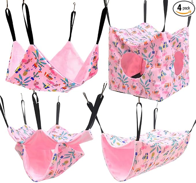 4 Pack Ferret Hammock Set, Hanging Soft Small Animal Hammocks with Hideout,Tunnel and Double Layer,Cage Accessories for Ferret,Rats,Sugar Glider,Squirrel (Pink)
