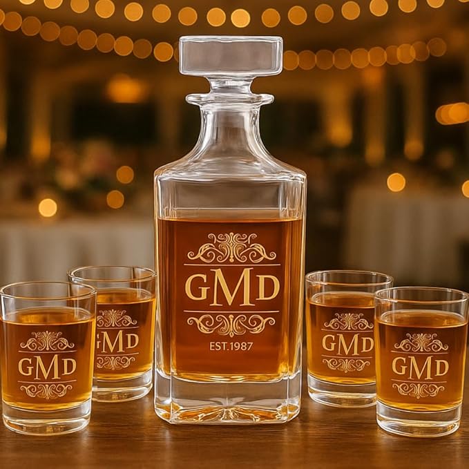 Gifts Inscribed Personalized Whiskey Decanter Set - Engraved Whiskey Decanter Bottle & Set of 4 Custom Drinking Glasses Laser Etched - Customized Whisky Gift for Wedding, Birthday, Fathers Day