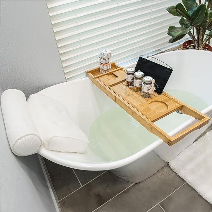 Luxurious Bath Gift Set for Women: Bamboo Bathtub Tray Caddy, Bath Spa Pillow, Bath Bombs & Bath Salts - Ultimate Spa Day Gifts for Women, Relaxation Gift Basket for Moms & Self Care