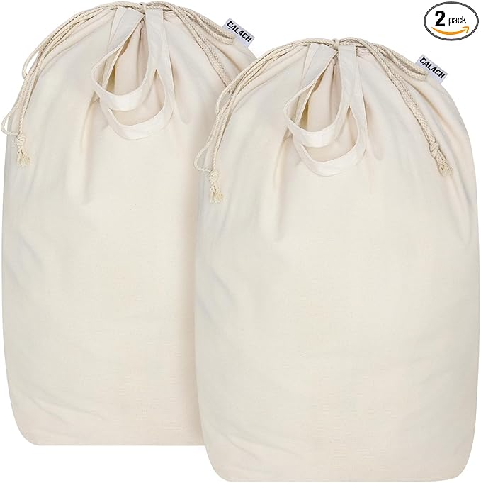 Canvas Laundry Bags with Handles & Square Base13.8"x 13.8", Large Heavy Duty Laundry Basket Hamper Liner, College Dorm Washable Drawstring Cotton Dirty Clothes Bag (Beige,2 Pack)