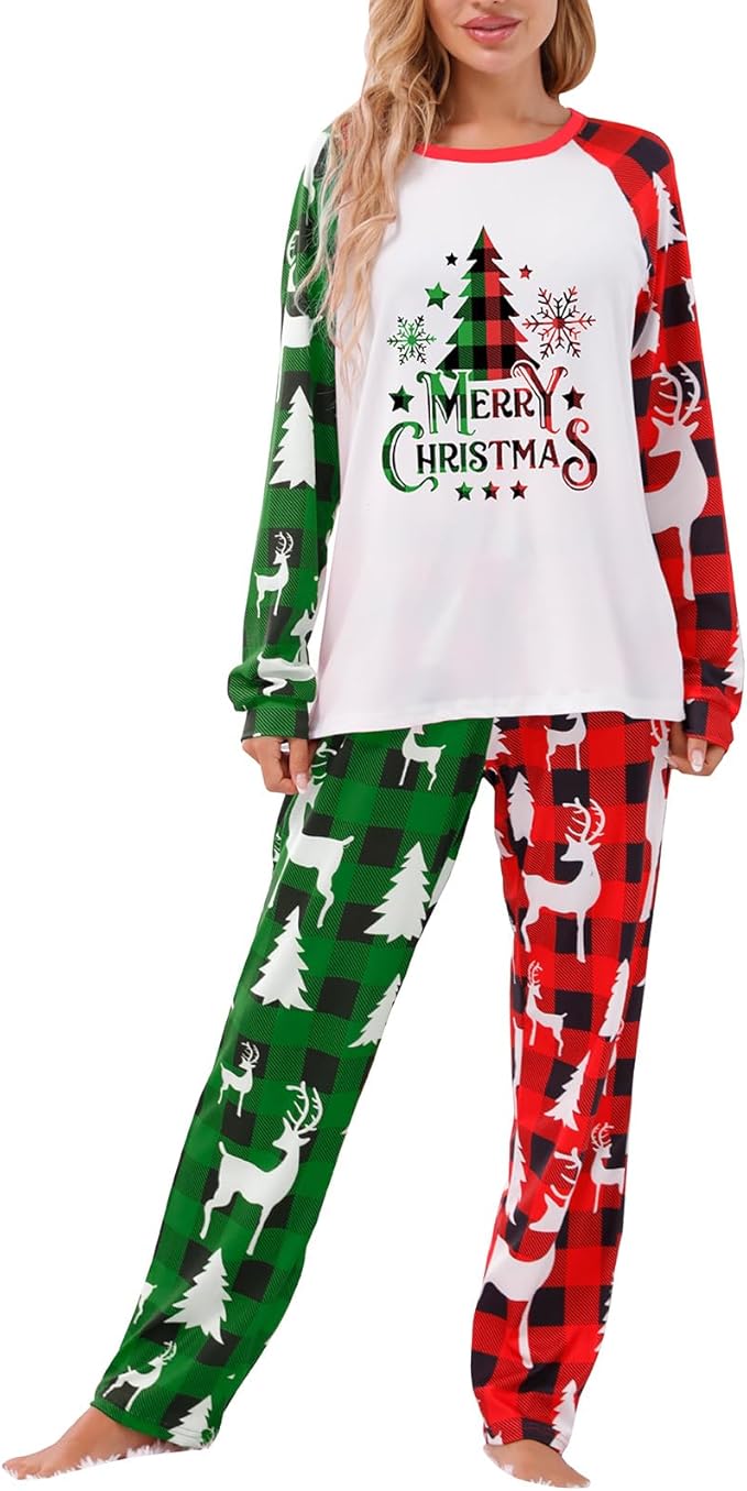Christmas Family Pajamas Set Matching Holiday Plaid Sleepwear Set Reindeer/Tree Print Loungewear for Xmas Eve
