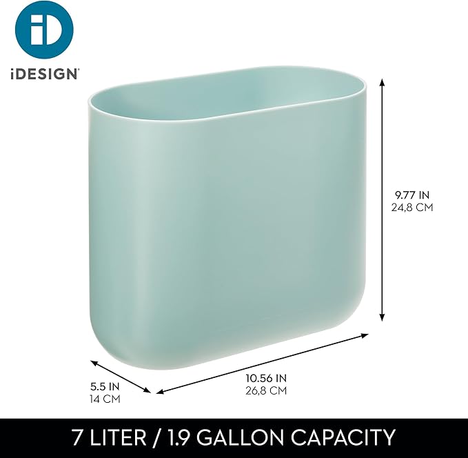 iDesign Cade Oval Slim Trash, Compact Basket Garbage Bathroom, Bedroom, Home Office, Dorm, College-Matte Soft Aqua, Waste Can