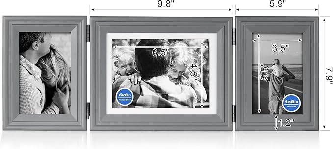 3 Vertical Horizontal Hinged Wood Picture Frame 4x6 and 5x7 Triple Folding Photo Frame Home Decor with Real Glass Front in Gray for Tabletop, Display 4x6 with Mat or 5x7 without Mat