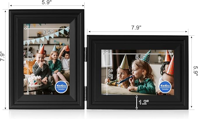 4x6 Double Hinged Picture Frame Folding Photo Frame Vertical and Horizontal in Black Pine Wood with Real Glass for Tabletop X2-HEI-SH46