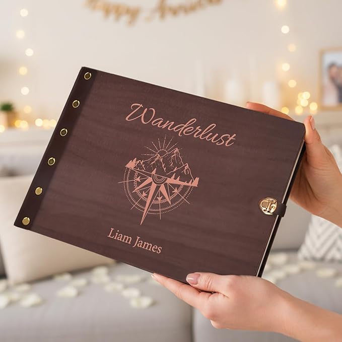 Personalized Travel Photo Album,Wooden Scrapbook Albums, Custom Adventure Photo Album,Memory Book for Couples, Friend, Family, Travel Memories