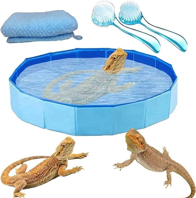 Foldable Bearded Dragon Bathtub with 2PC Reptile Bath Brush and 1PC Lizard Towel, Bearded Dragon Grooming Accessories Portable Swimming Pool for Small Animals Ferret Bunny Dogs (L)