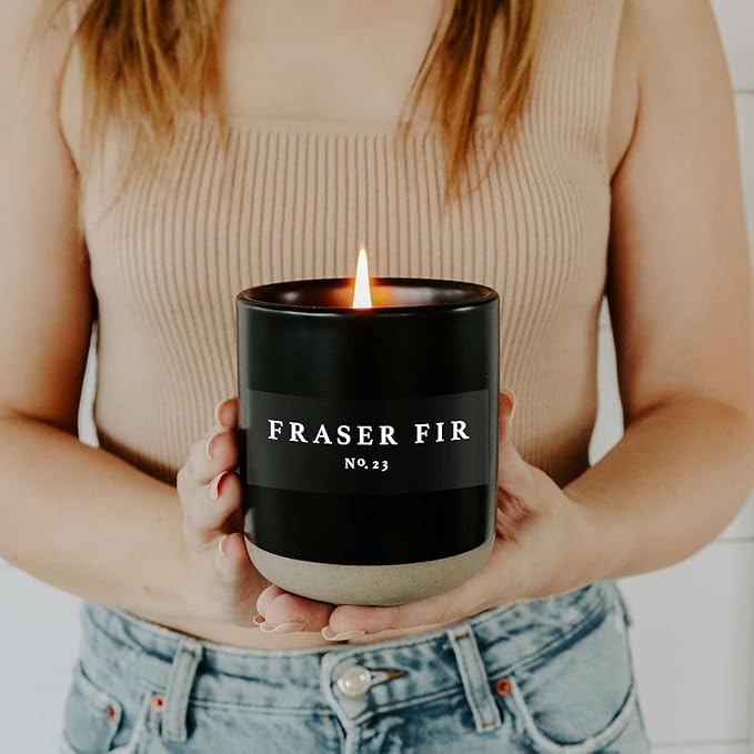 Sweet Water Decor Fraser Fir Soy Candle | Cypress, Evergreen, Cedar, and Fir Balsam Scented Candles for Home | 12oz Black Stoneware Jar, 60+ Hour Burn Time, Made in The USA