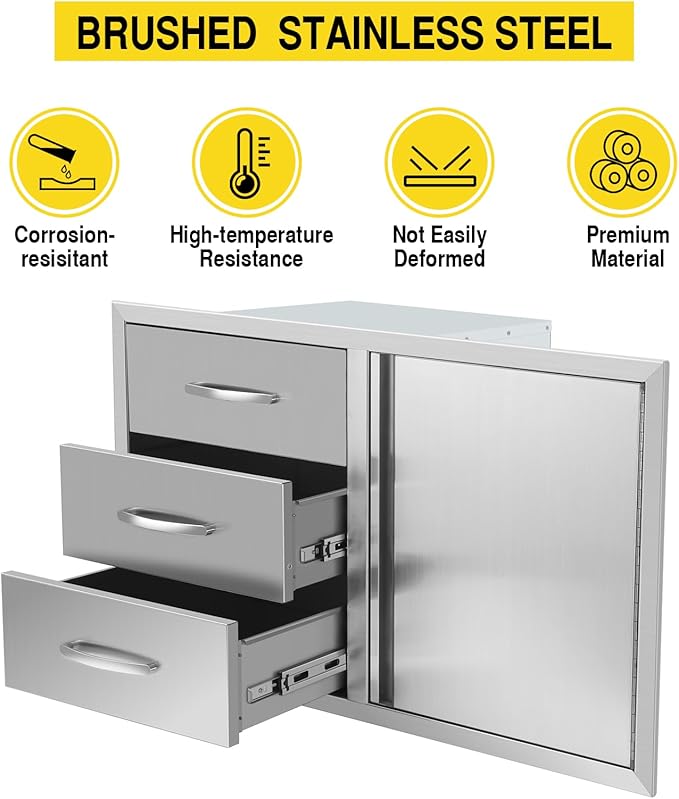 Outdoor Kitchen Drawers Stainless Steel 38.3W X 22.7H X 20.7D Inch, Flush Mount Triple BBQ Island Drawers with Handle for Outdoor Kitchens, Patio or Grill Station