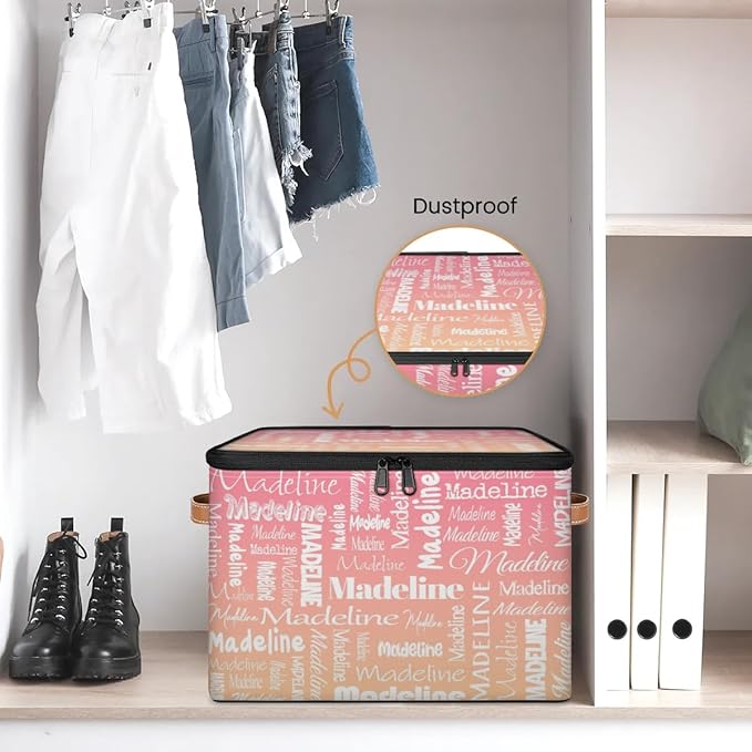 Custom Storage Basket with Name, Personalized Keepsake Box with Zipper Lid, Foldable Fabric Memory Bin Large capacity with Handle Pink Apricot